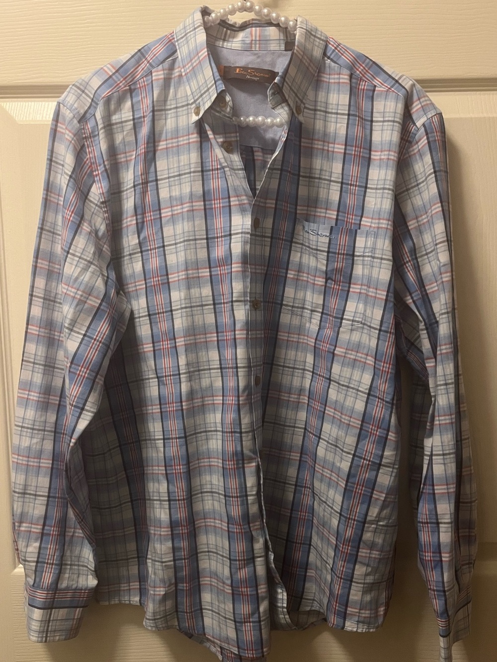 Ben Sherman Lt Blue/Red Plaid Button-Down Shirt Cotton Blend Relaxed Fit SZ LG